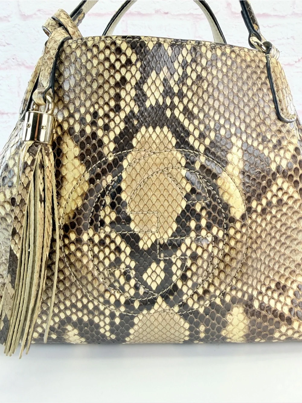 Gucci Rare SoHo Python-Print Top Handle Tote in Beige and Brown